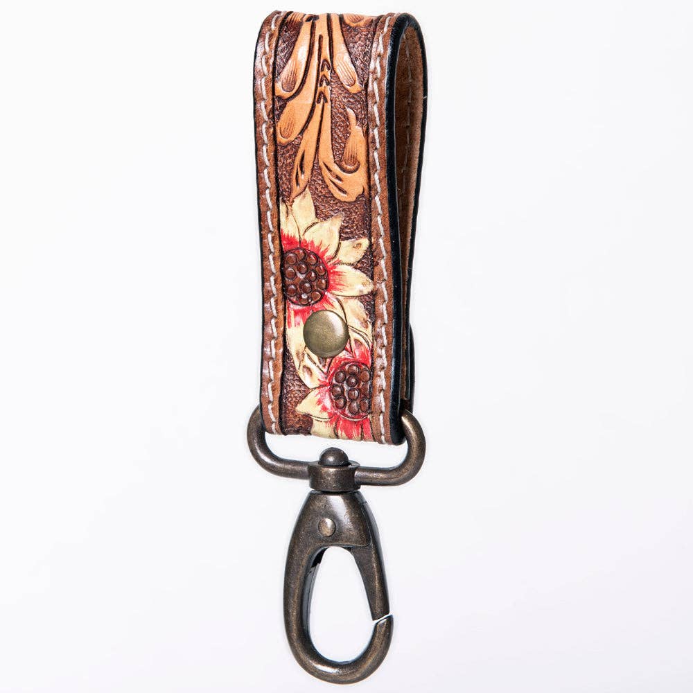 Hand-Tooled Leather Loop Keyring - Floral Design with Swivel Clasp