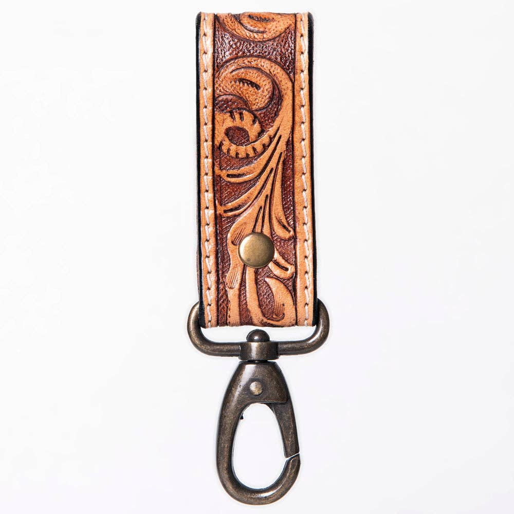 Hand-Tooled Leather Loop Keyring - Floral Design with Swivel Clasp