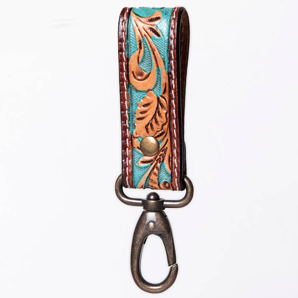 Hand-Tooled Leather Loop Keyring - Floral Design with Swivel Clasp