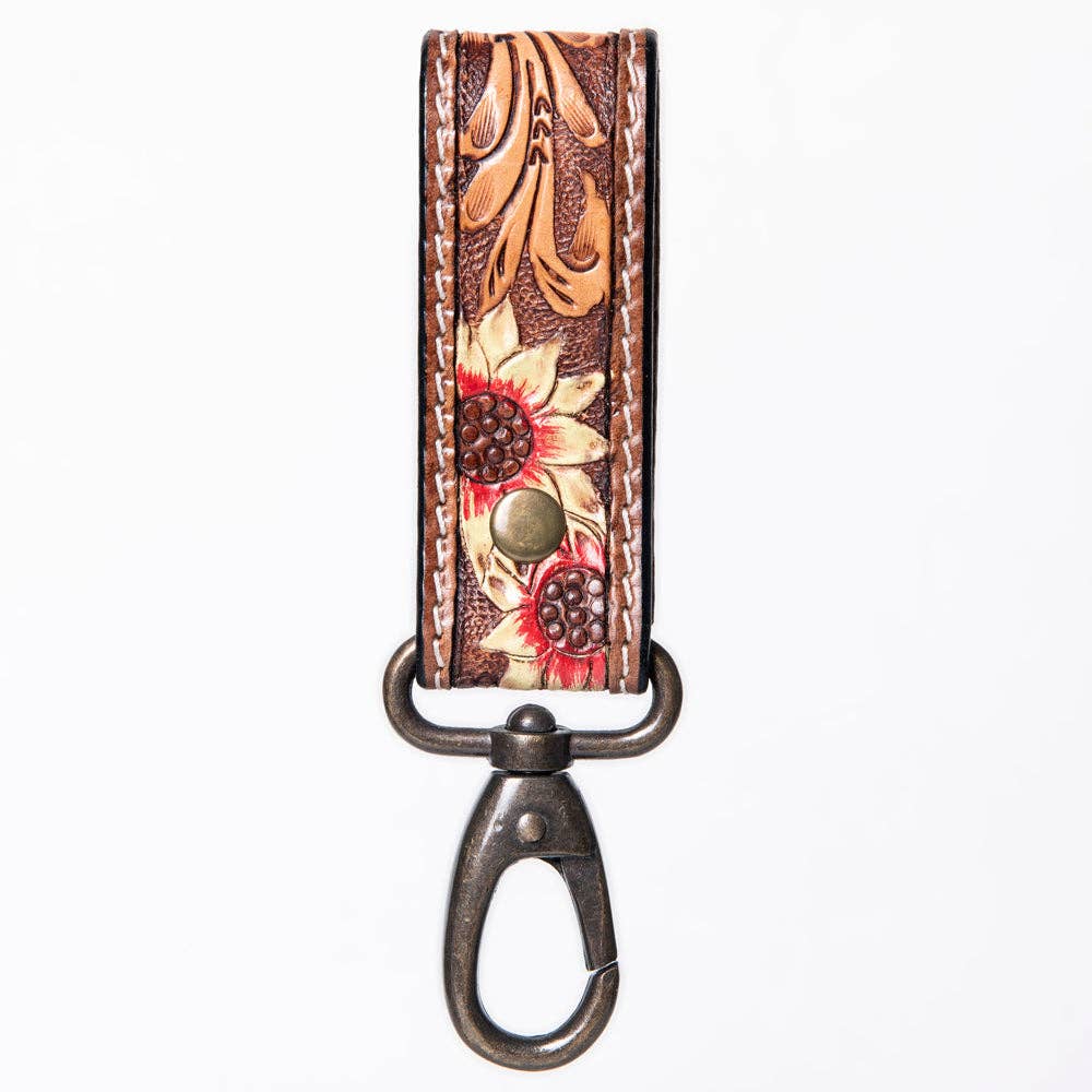 Hand-Tooled Leather Loop Keyring - Floral Design with Swivel Clasp