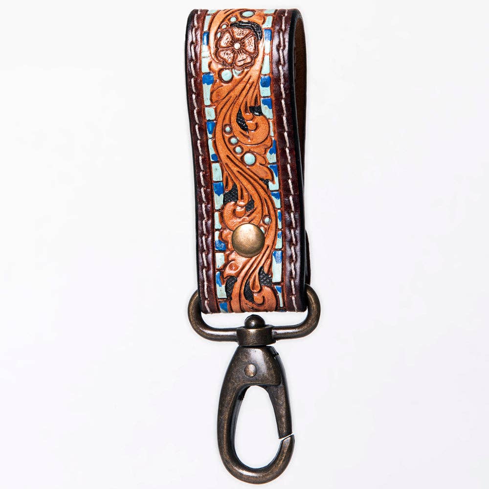 Hand-Tooled Leather Loop Keyring - Floral Design with Swivel Clasp