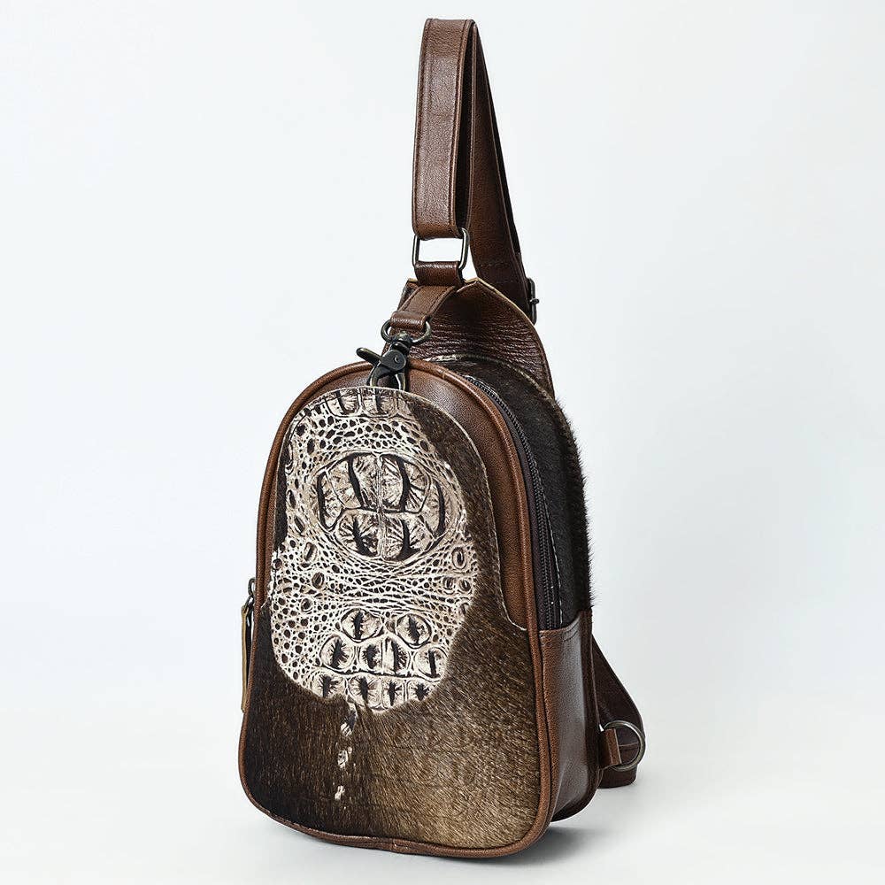 American Darling Western Leather Sling Bag with Crocodile Embossed Detailing Genuine Hair-on cowhide Leather