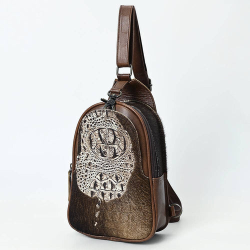 American Darling Western Leather Sling Bag with Crocodile Embossed Detailing Genuine Hair-on cowhide Leather