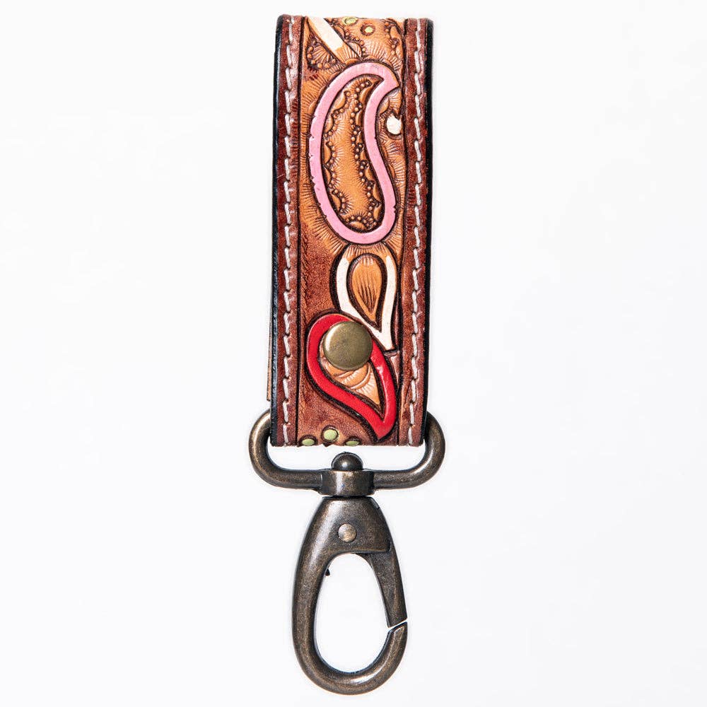 Hand-Tooled Leather Loop Keyring - Floral Design with Swivel Clasp