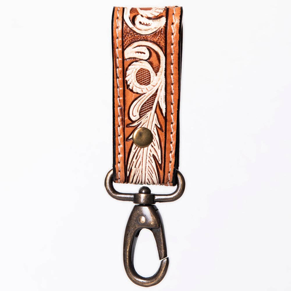 Hand-Tooled Leather Loop Keyring - Floral Design with Swivel Clasp