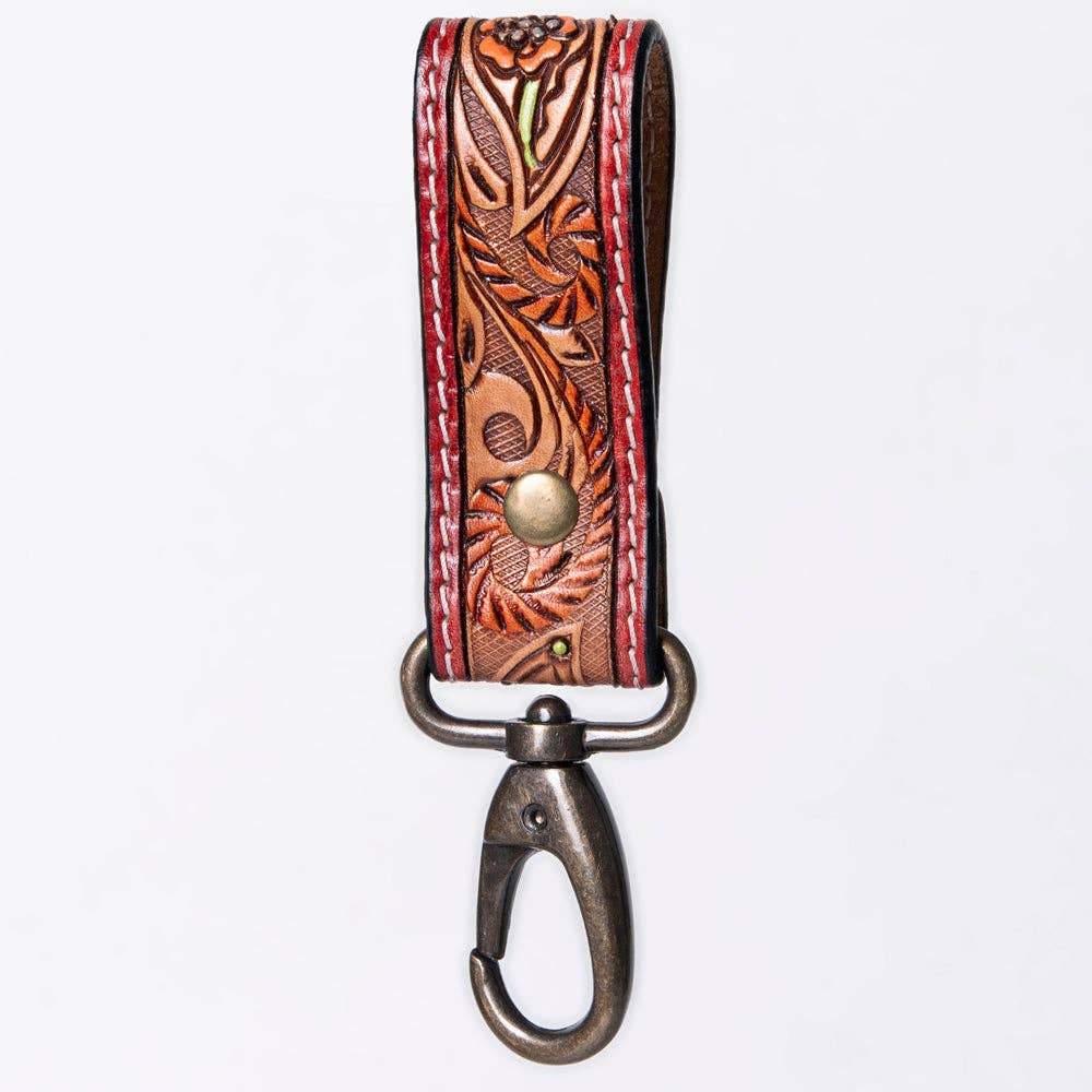 Hand-Tooled Leather Loop Keyring - Floral Design with Swivel Clasp