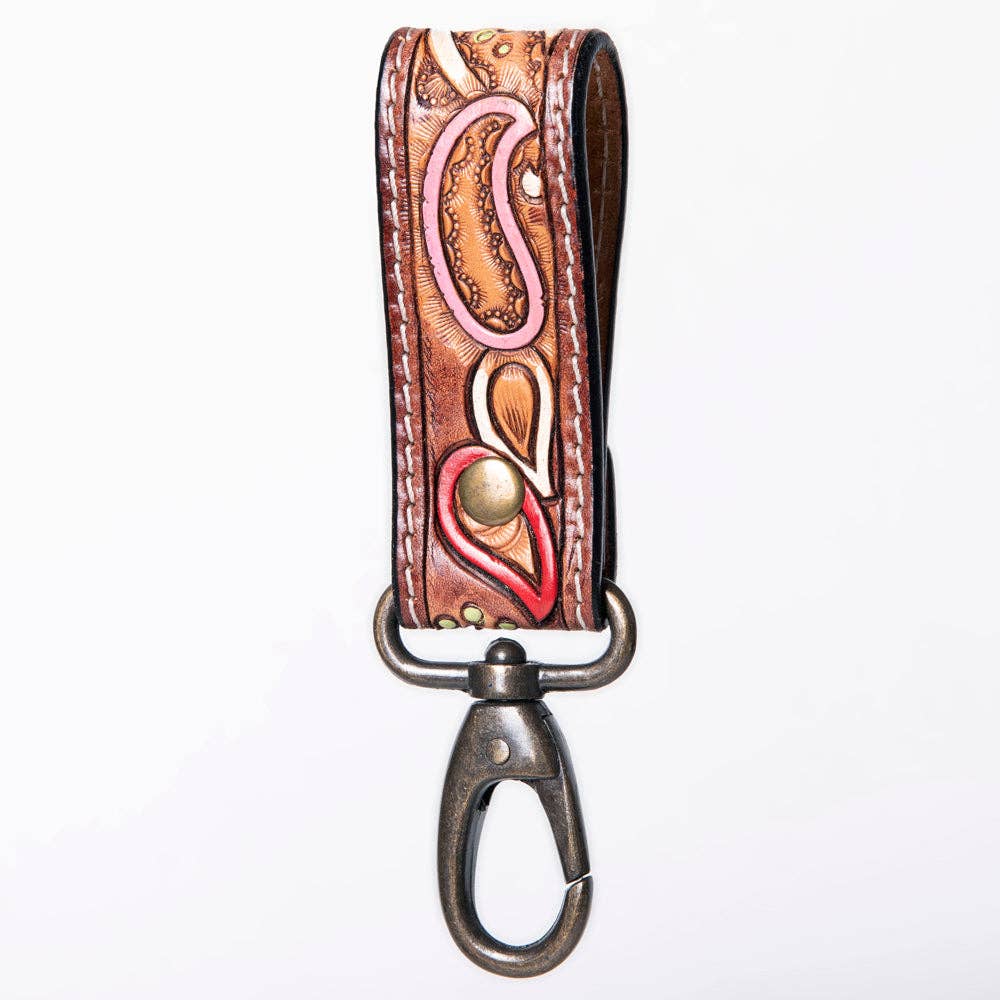 Hand-Tooled Leather Loop Keyring - Floral Design with Swivel Clasp