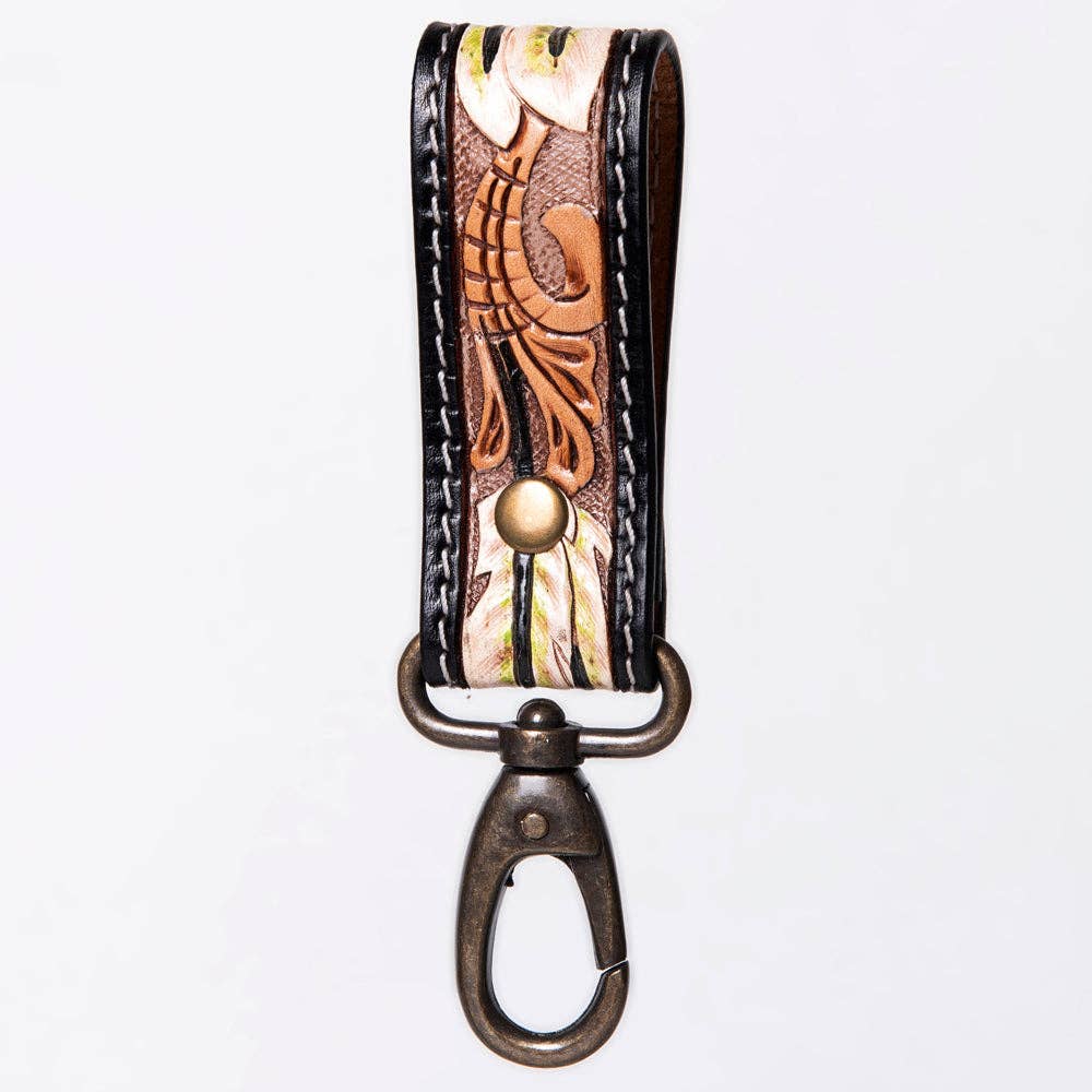 Hand-Tooled Leather Loop Keyring - Floral Design with Swivel Clasp