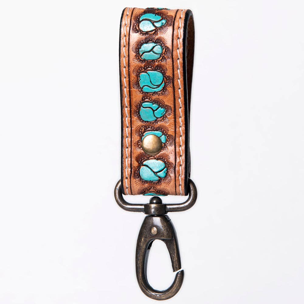 Hand-Tooled Leather Loop Keyring - Floral Design with Swivel Clasp