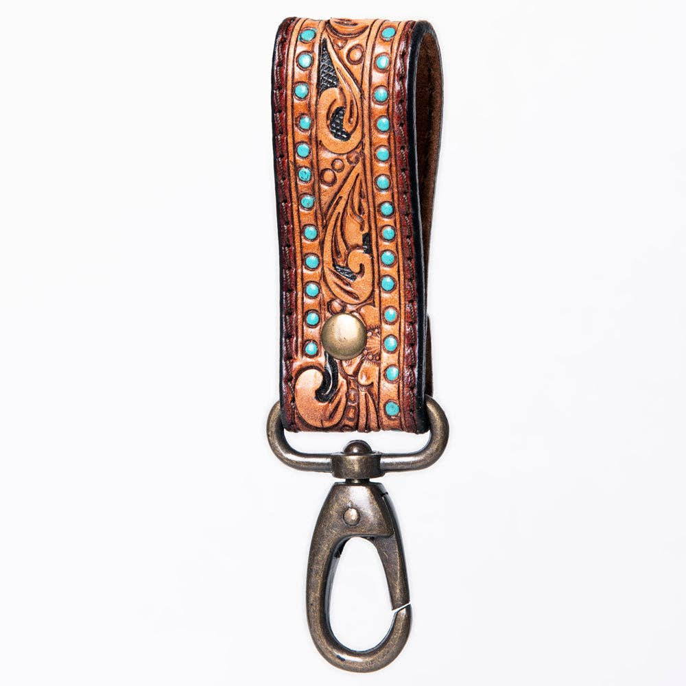 Hand-Tooled Leather Loop Keyring - Floral Design with Swivel Clasp