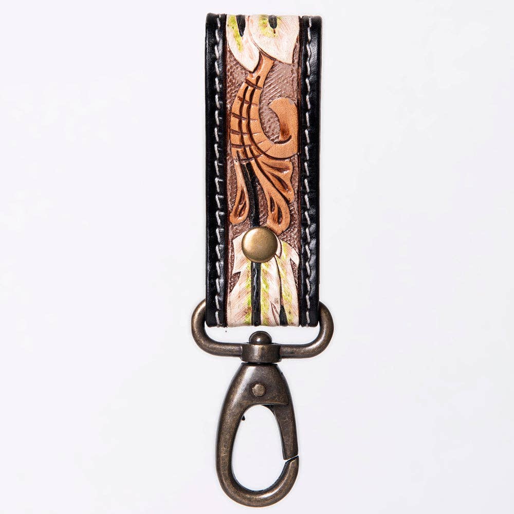 Hand-Tooled Leather Loop Keyring - Floral Design with Swivel Clasp
