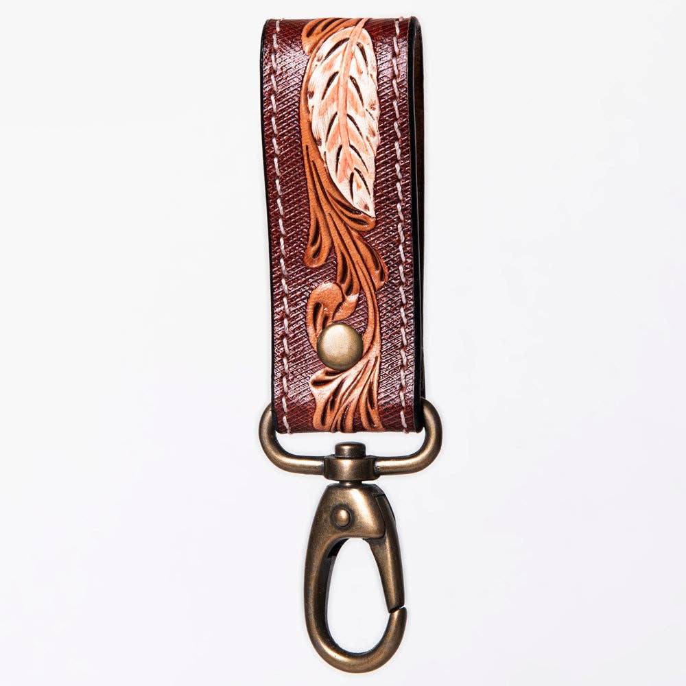 Hand-Tooled Leather Loop Keyring - Floral Design with Swivel Clasp