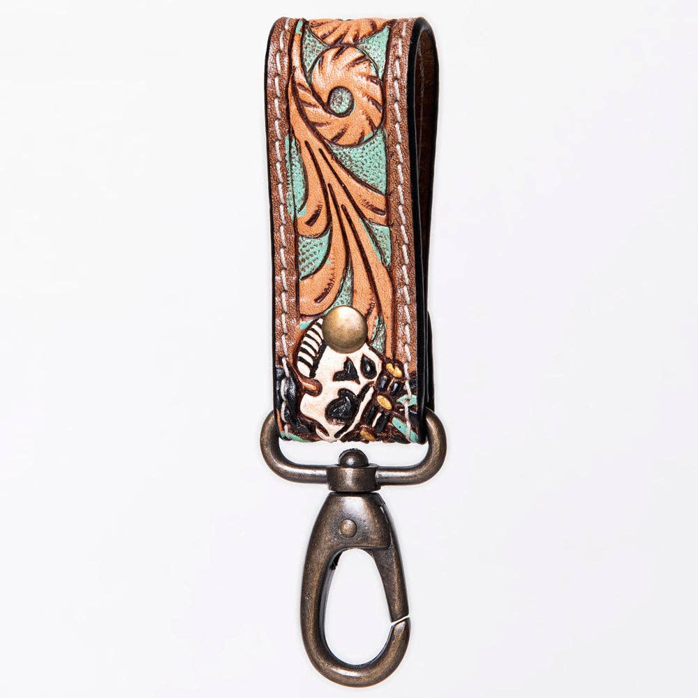 Hand-Tooled Leather Loop Keyring - Floral Design with Swivel Clasp