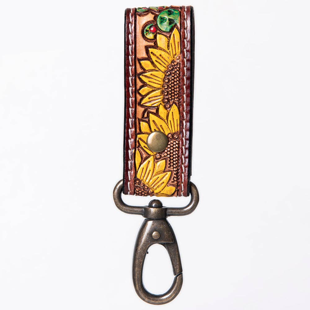 Hand-Tooled Leather Loop Keyring - Floral Design with Swivel Clasp