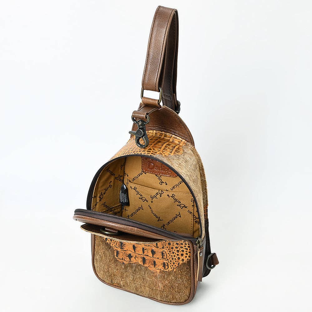 American Darling Western Leather Sling Bag with Crocodile Embossed Detailing Genuine Hair-on cowhide Leather