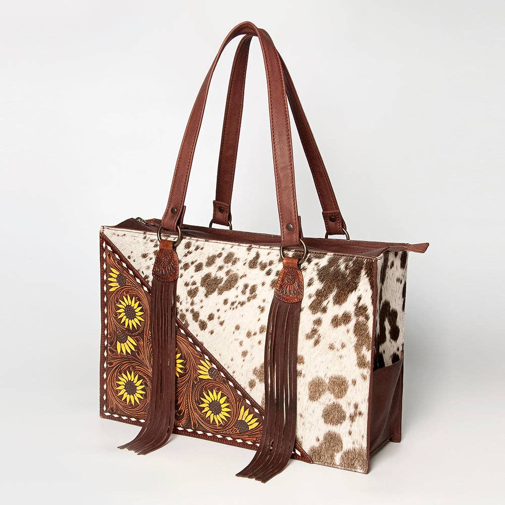 Genuine hair-on western leather tote bag for women with cowhide detailing