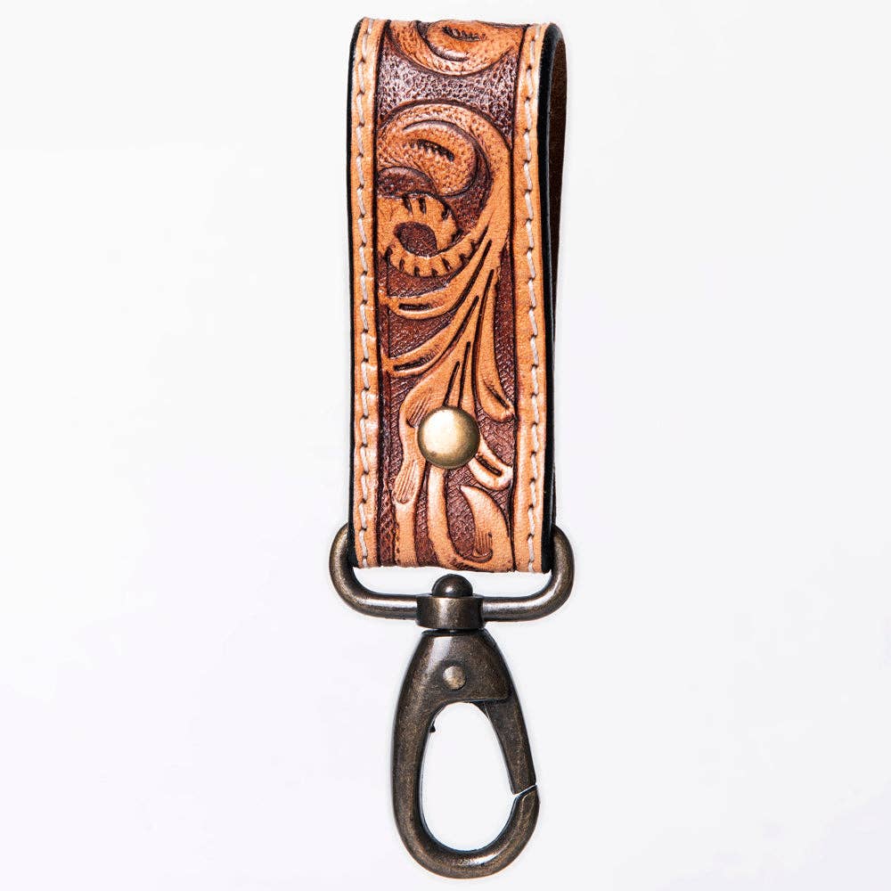 Hand-Tooled Leather Loop Keyring - Floral Design with Swivel Clasp