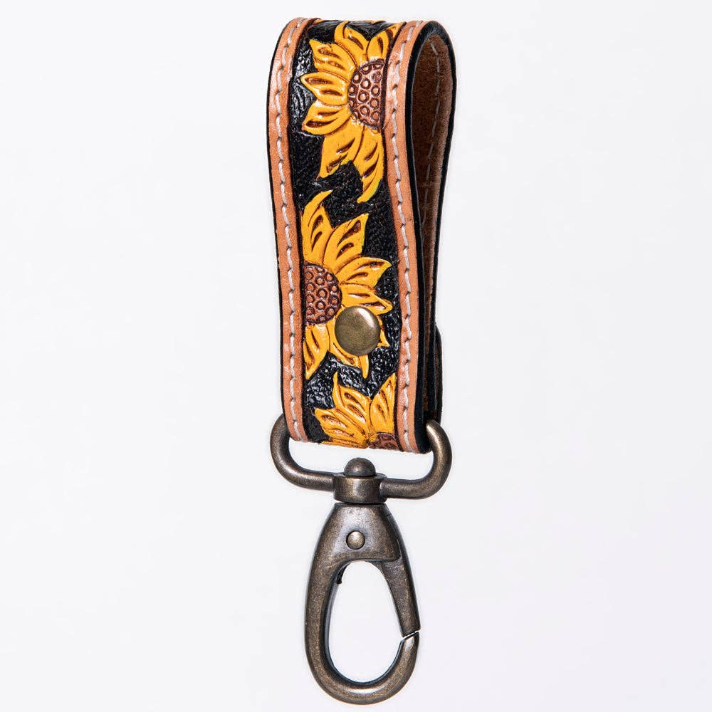 Hand-Tooled Leather Loop Keyring - Floral Design with Swivel Clasp