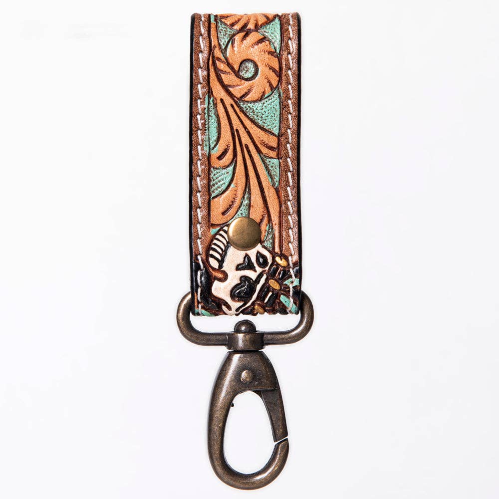 Hand-Tooled Leather Loop Keyring - Floral Design with Swivel Clasp