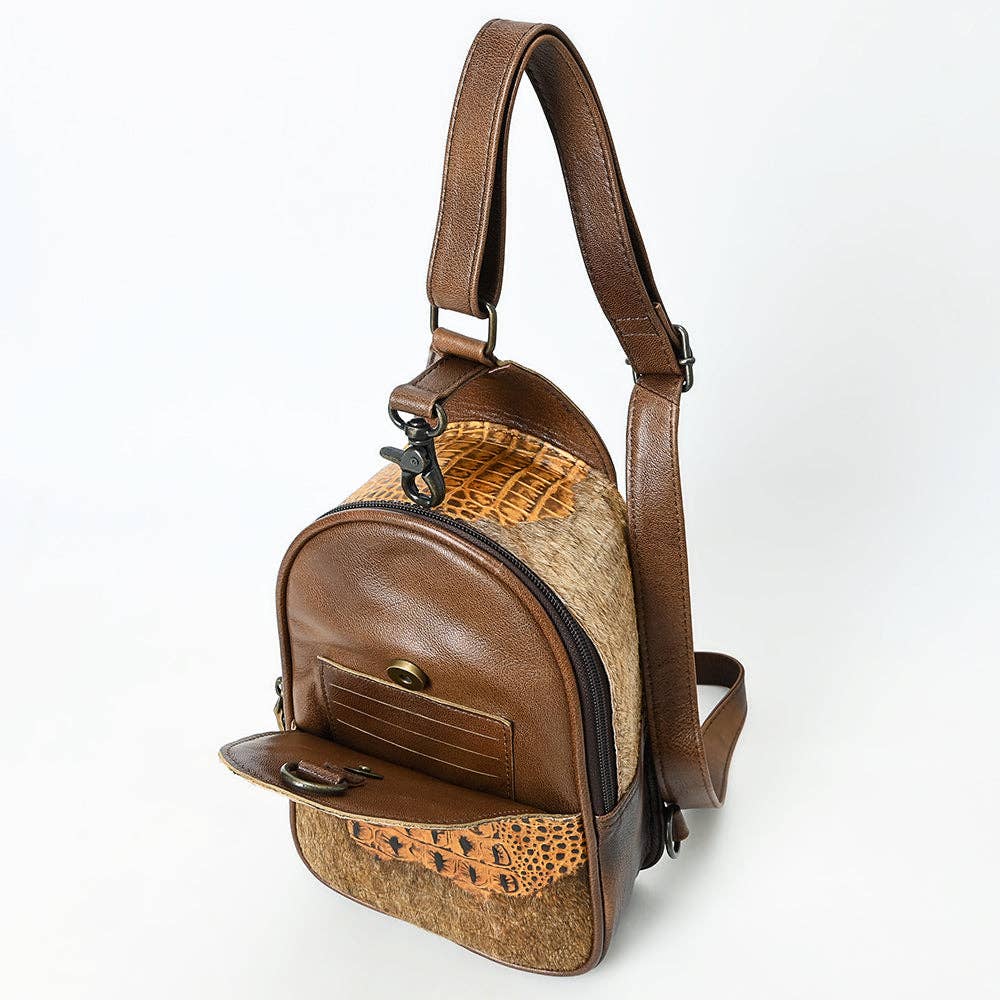 American Darling Western Leather Sling Bag with Crocodile Embossed Detailing Genuine Hair-on cowhide Leather