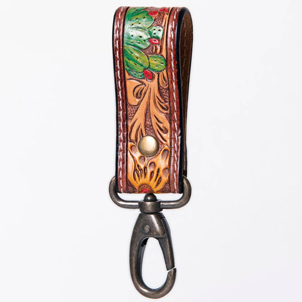 Hand-Tooled Leather Loop Keyring - Floral Design with Swivel Clasp