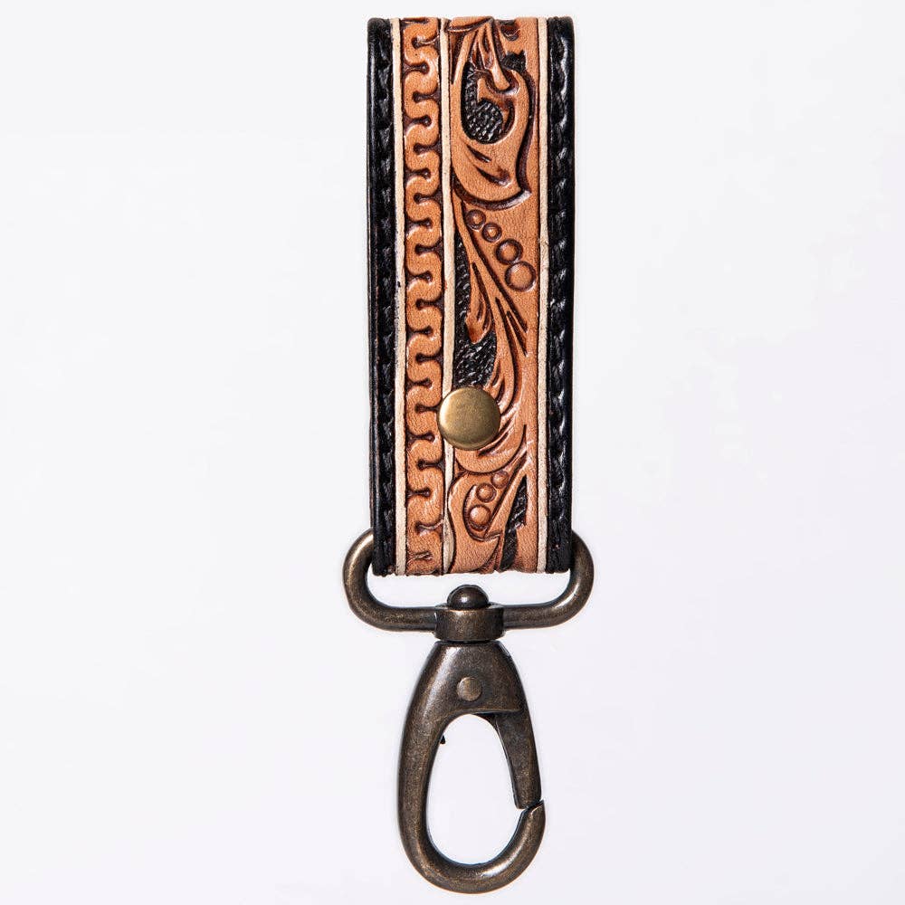 Hand-Tooled Leather Loop Keyring - Floral Design with Swivel Clasp