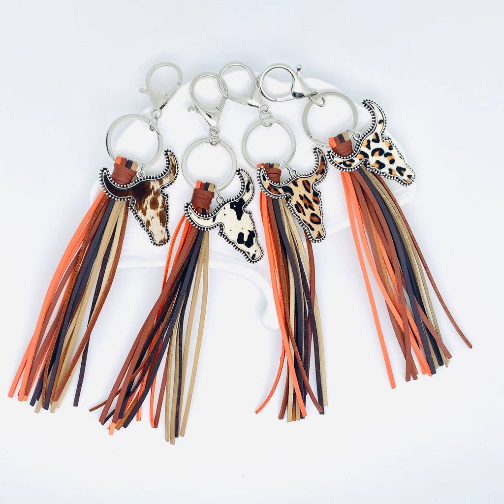 Western Tassel Printed Cowhide Cowhead Pendant Keychain: 1