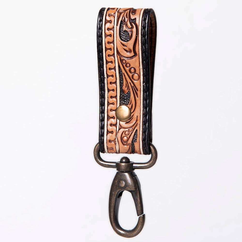 Hand-Tooled Leather Loop Keyring - Floral Design with Swivel Clasp