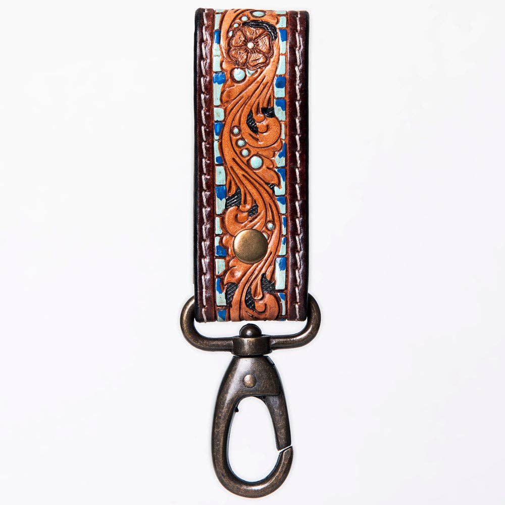 Hand-Tooled Leather Loop Keyring - Floral Design with Swivel Clasp