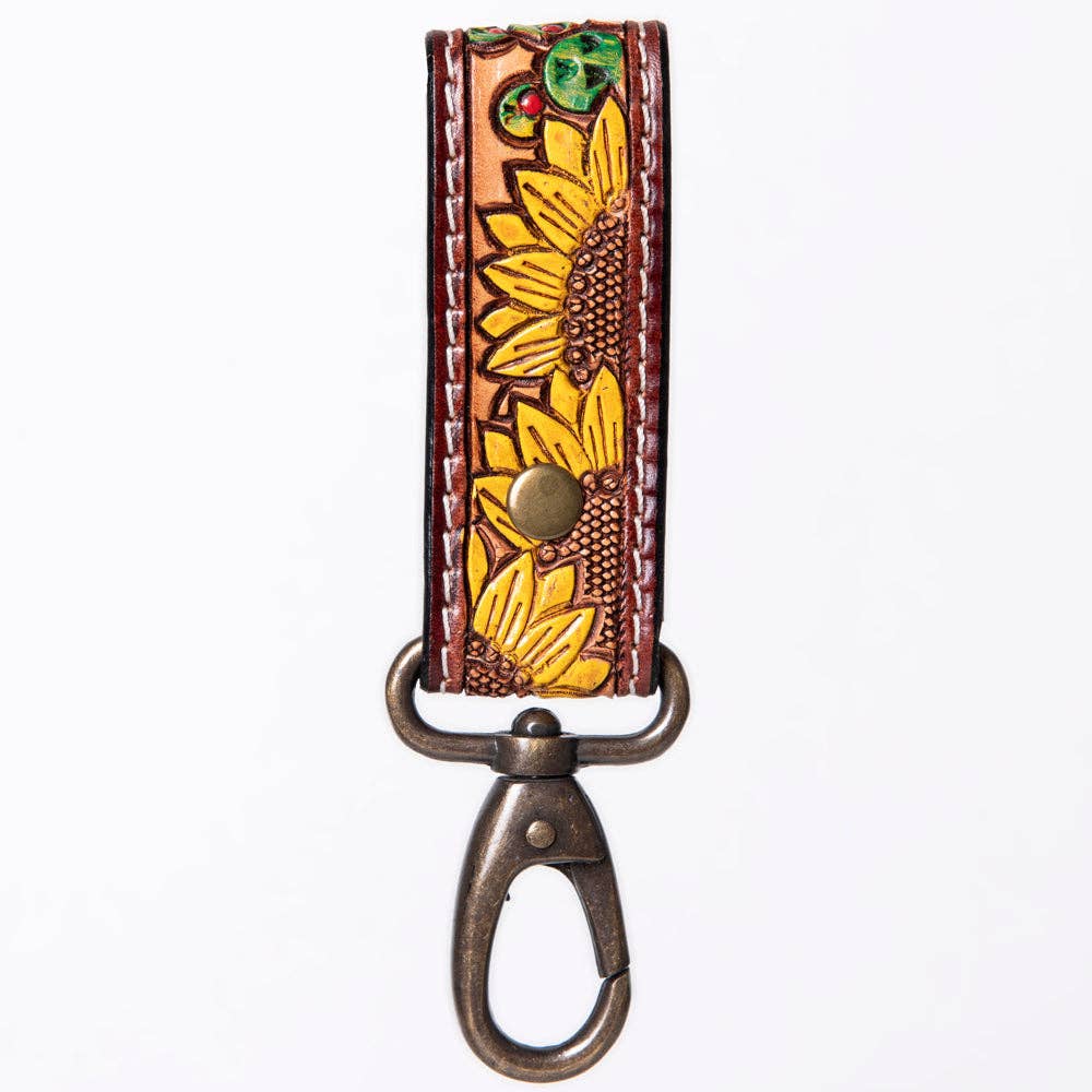 Hand-Tooled Leather Loop Keyring - Floral Design with Swivel Clasp
